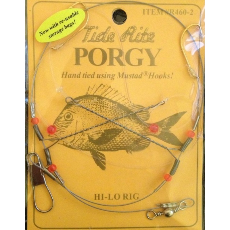 Tide Rite Hand Tied Beaded Gold Baitholder Porgy Rigs, Mustad Long Shank Hook, Size 2