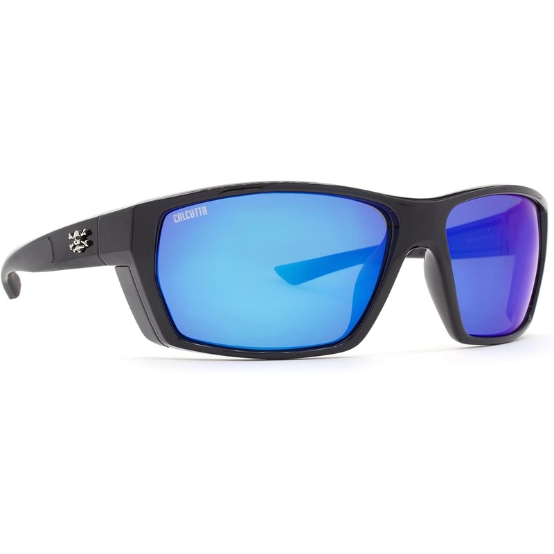 Calcutta Calico Sunglasses Shiny Black Frame Blue Mirror Lens